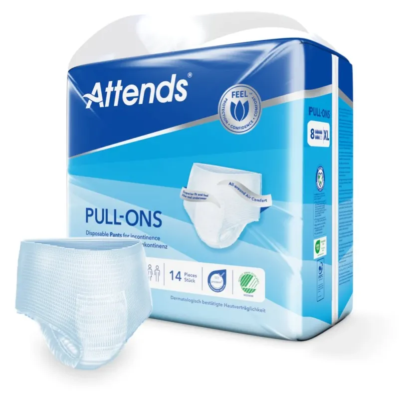 Packung mit Attends Pull-Ons Größe 8, XL in einer hellen, ansprechenden Verpackung. Die Vorderseite zeigt das Produkt mit einem abgebildeten Modell, das den Pull-On trägt. Der Hintergrund ist weiß und betont die Produktmerkmale. Die Packung enthält Informationen über die Saugfähigkeit und den Komfort der Produktlinie. Der Schriftzug „Attends Pull-Ons“ ist groß und gut lesbar, und es sind weitere Details wie die Größe und die Anzahl der enthaltenen Produkte angegeben.