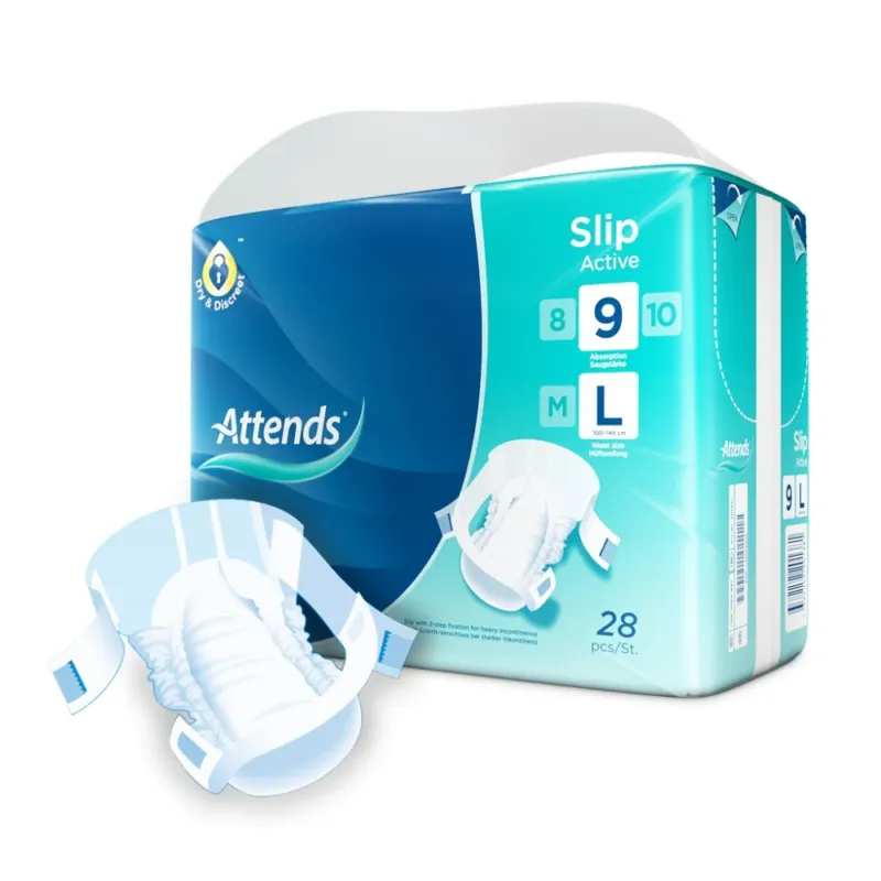Das Bild zeigt eine Packung Attends Slip Active 9 Größe L, die auf einem weißen Hinterground platziert ist. Die Verpackung ist in überwiegend blauen und weißen Farben gehalten und zeigt grafische Elemente wie das Logo von Attends und Angaben zur Größe. Die Vorderseite der Packung ist klar strukturiert und hebt die wichtigsten Produktmerkmale hervor. Auf der Seite sind auch Hinweise zur Anwendung sowie Informationen zu Hautfreundlichkeit und Saugfähigkeit sichtbar.