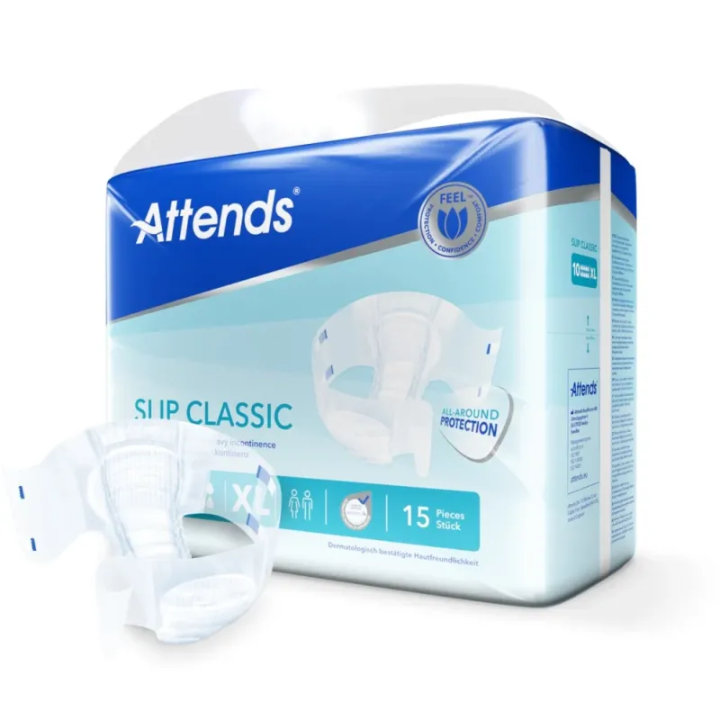 Attends Slip Classic 10 XL ist eine Inkontinenzhose, die in der Größe XL präsentiert wird. Das Produkt zeigt ein weißes, diskretes Design mit elastischen Bündchen an den Beinöffnungen für optimalen Halt und Komfort. Die Vorderseite ist leicht strukturiert, während die Rückseite eine glatte Oberfläche aufweist. Die Verpackung ist in einem hellblauen Farbton gehalten und hebt die Vorteile wie hohe Saugfähigkeit und Atmungsaktivität hervor.