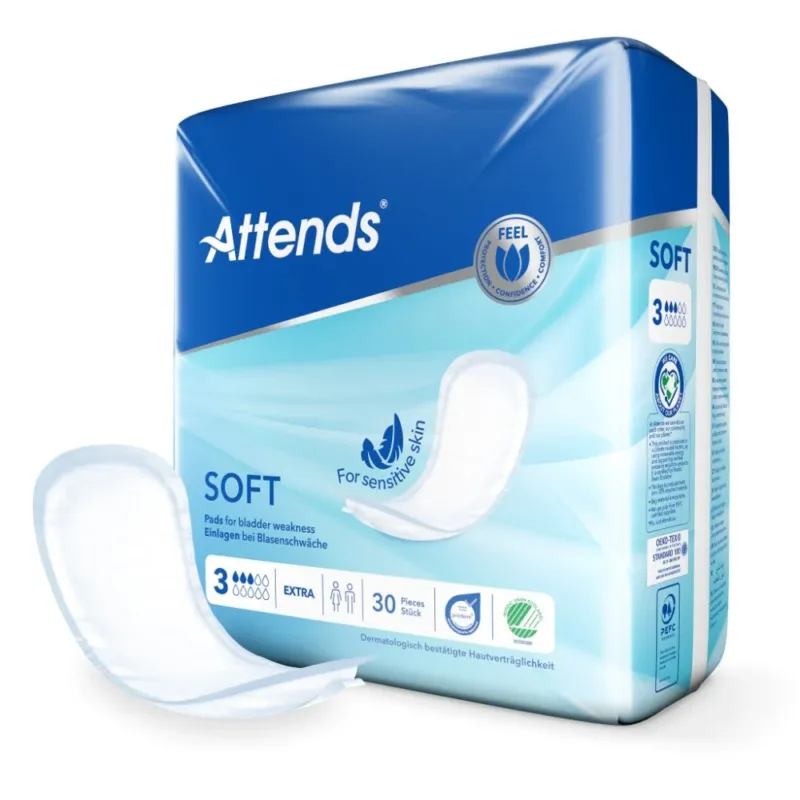 Produktbild der Attends Soft 3 Extra Einlagen im 30er Pack. Die Verpackung zeigt eine weiße, gut strukturierte und ansprechende Grafik mit dem Produktnamen und den wichtigsten Eigenschaften in klarer Schrift. Im Hintergrund ist ein sanftes, helles Farbmuster, das die Pflege und den Komfort der Einlagen symbolisiert. Die Einlagen selbst sind hygienisch verpackt, um ihre Qualität zu gewährleisten. Ideal für den täglichen Gebrauch, bieten sie hohe Saugfähigkeit und Sicherheit.