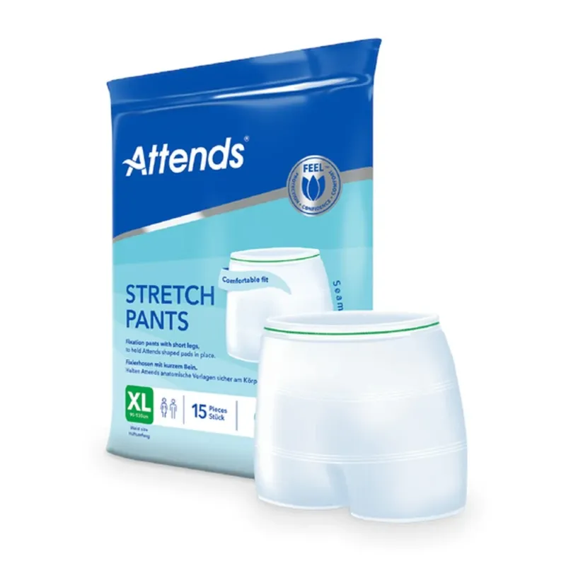 Ein Paket mit Attends Stretch Pants in der Größe XL aus einer durchsichtigen Verpackung ist abgebildet. Die Hose hat ein elastisches Design, das für besseren Komfort und Sitz sorgt. Auf der Vorderseite des Pakets ist das Produktlogo deutlich sichtbar, zusammen mit Informationen über die Größe. Im Hintergrund ist ein neutraler Farbton zu erkennen, der das Produkt hervorhebt.