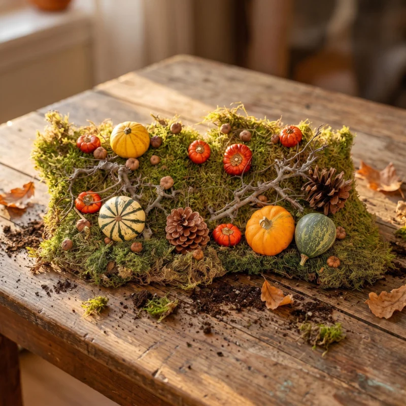 Autumn deco kit Large 4 real Pumpkins Ø 6 cm + moss wood cones