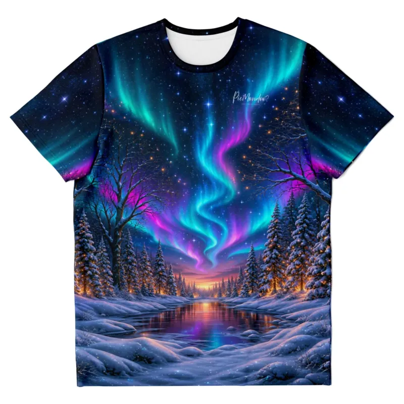 Dreamer T-Shirt mit Polarlicht-Motiv über einer Winterlandschaft, ideal für Fans von Malen nach Zahlen und Diamond Painting