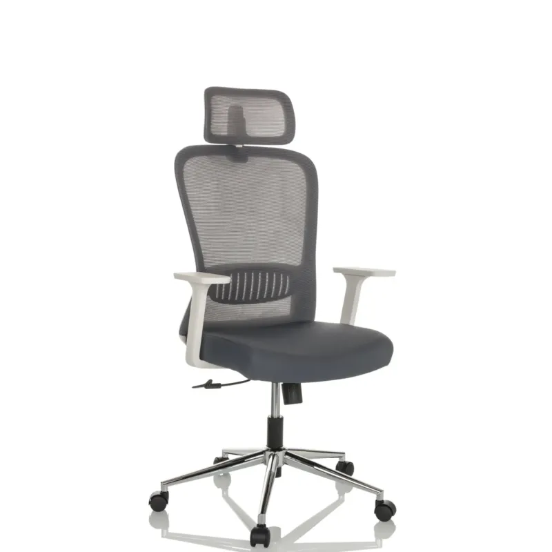 Homeoffice-Bürostuhl BELAIA W mit grauem Netzbezug, Kopfstütze und weiß-grauen Armlehnen von hjh OFFICE