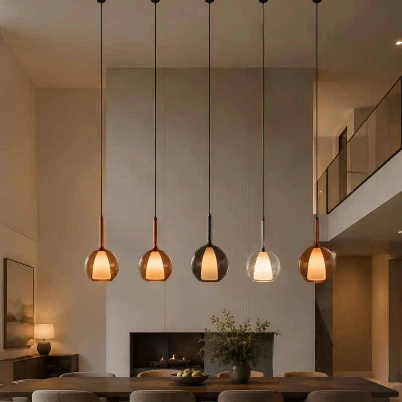s.luce Belluna Glas Galerie-Pendelleuchte 500cm Textilkabel über Esstisch im modernen Wohnraum, 5-flammig