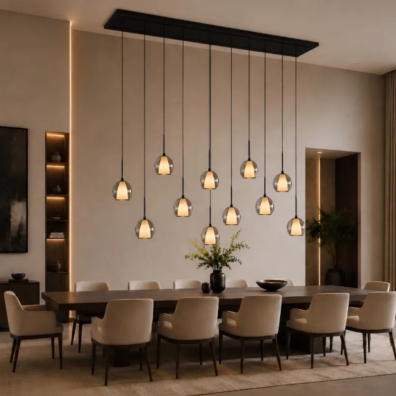 s.luce Belluna Esstischlampe 12-flammig 200cm 3-reihig über langem Esstisch, moderne Pendelleuchte mit Glasoptik