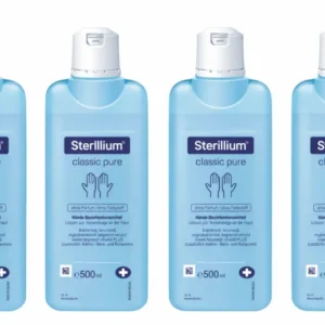 Vier Sterillium classic pure 500 ml Flaschen im neuen Design, nebeneinander auf weißem Hintergrund angeordnet.