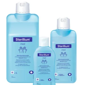 Sterillium med Händedesinfektion im Größenvergleich mit 100 ml, 500 ml und 1 Liter.