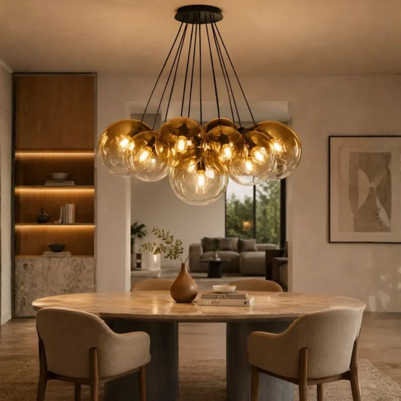 s.luce Orb Cluster Glas-Pendelleuchte 13-flammig 13x20cm über modernem Esstisch im Wohnraum