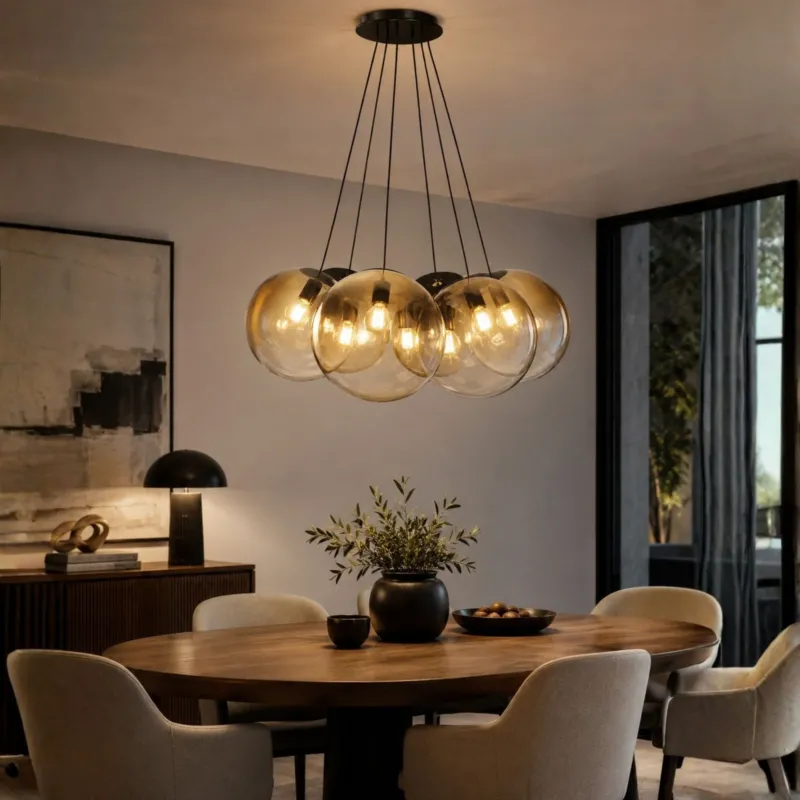 s.luce Orb Cluster Mehrfach-Pendelleuchte 7-flammig 7x40cm über Esstisch mit sieben Glaspendeln