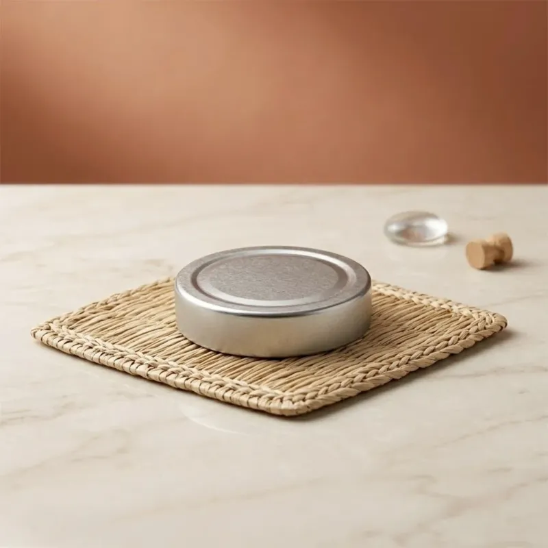 Couvercle argent pour bocal de 212 ml posé sur un set en fibre tressée