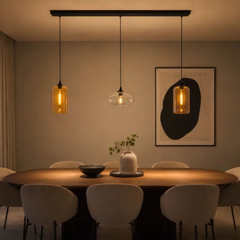 s.luce Cruet Glas Pendelleuchte 3-flammig über Esstisch mit modernem Design und warmem Licht