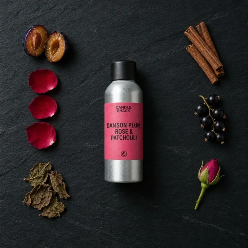 Damson Plum, Rose & Patchouli fragrance oil - Candle Shack aluminium bottle with dried botanicals on a dark slate background