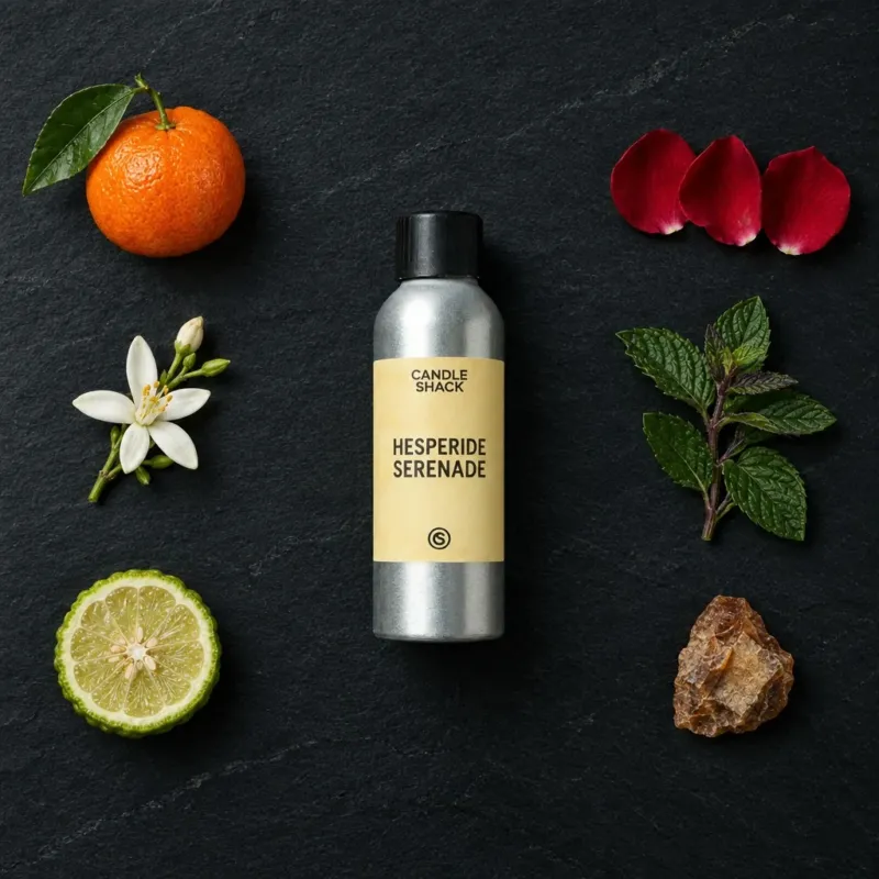 Hesperide Serenade fragrance oil - Candle Shack aluminium bottle with dried botanicals on a dark slate background