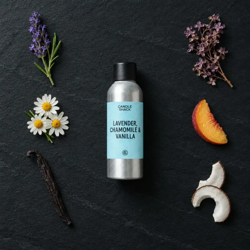 Lavender, Chamomile & Vanilla fragrance oil - Candle Shack aluminium bottle with dried botanicals on a dark slate background