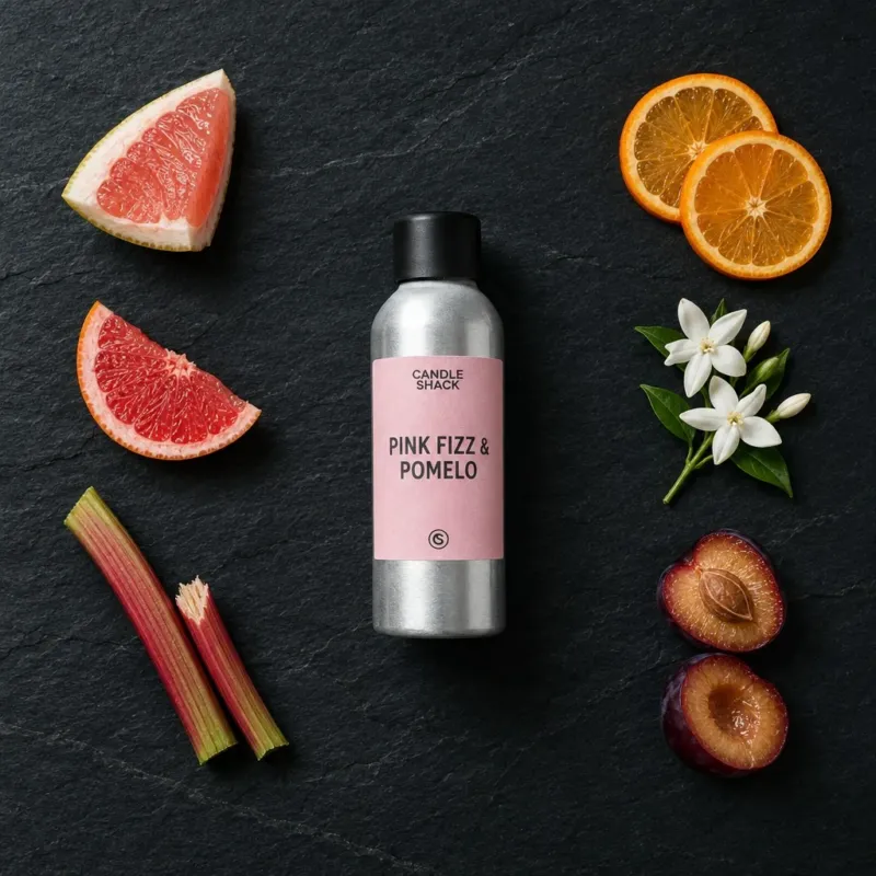 Pink Fizz & Pomelo fragrance oil - Candle Shack aluminium bottle with dried botanicals on a dark slate background