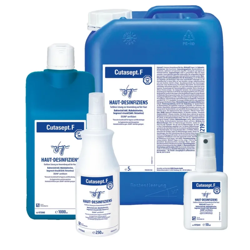 Cutasept F Produktübersicht mit 50 ml, 250 ml, 1000 ml Flasche und 5 Liter Kanister
