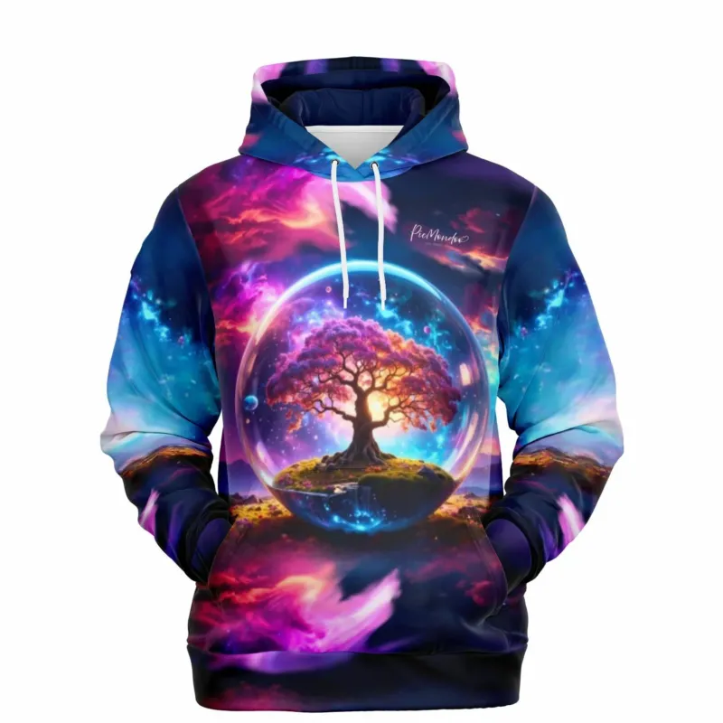 Dreamer Hoodie Arbor Eternis mit buntem Weltraum-Motiv und leuchtendem Baum in einer Glaskugel, ideal für Malkunst-Fans
