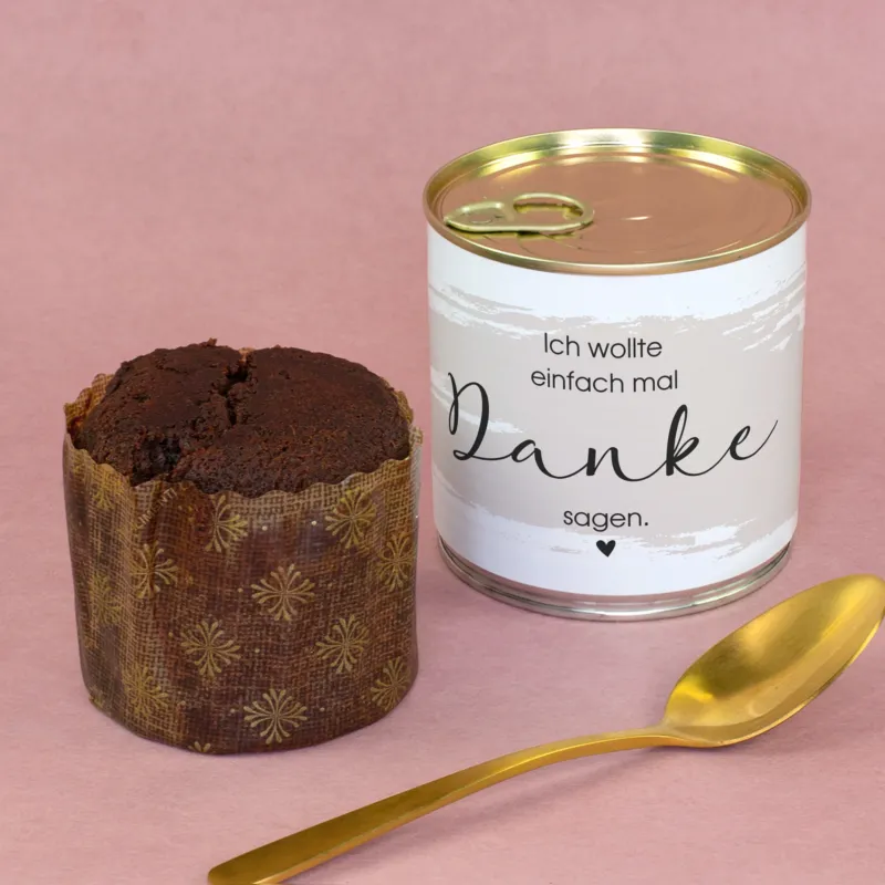 Schokoladen Brownie Kuchen in der Dose als Dankeschön Geschenk mit Danke Motiv und goldfarbenem Löffel