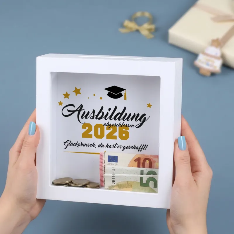 Bilderrahmen-Spardose „Ausbildung abgeschlossen 2026“ mit Geldschlitz und Geldschein als Geschenk zur bestandenen Ausbildung