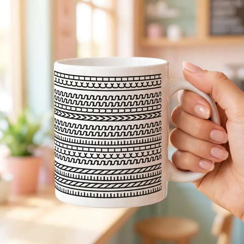 Hand hält weiße Tasse mit schwarzem Muster und verstecktem Spruch „Einen Scheiss muss ich“