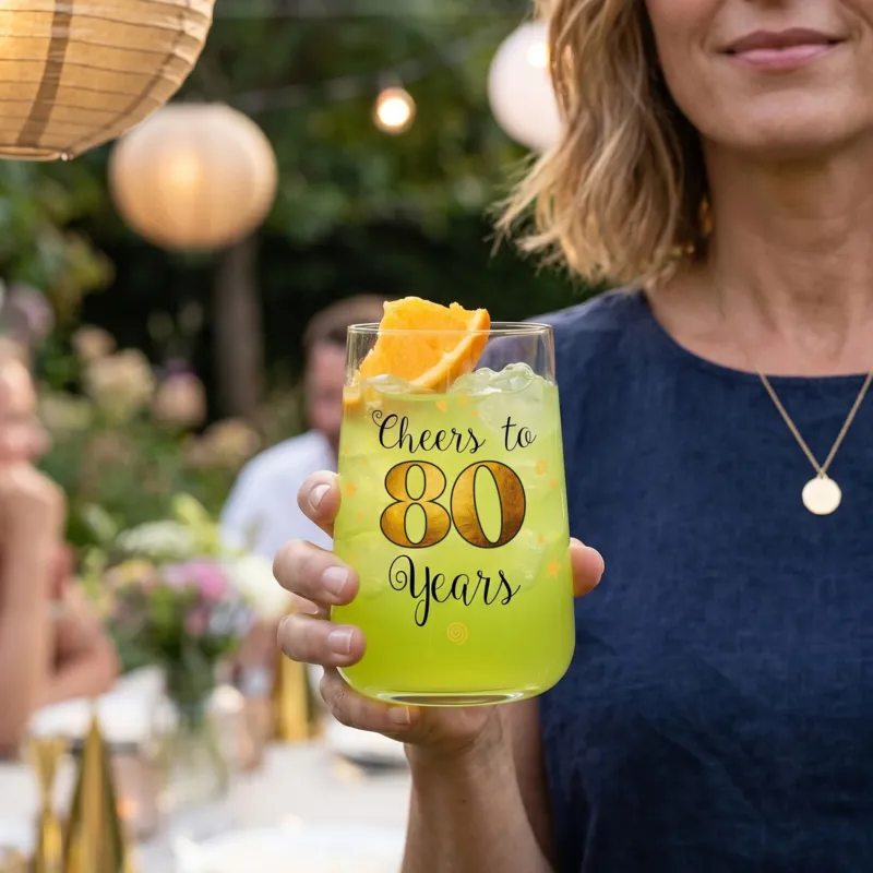 Trinkglas mit „Cheers to 80 Years“-Motiv in der Hand bei einer sommerlichen Geburtstagsfeier