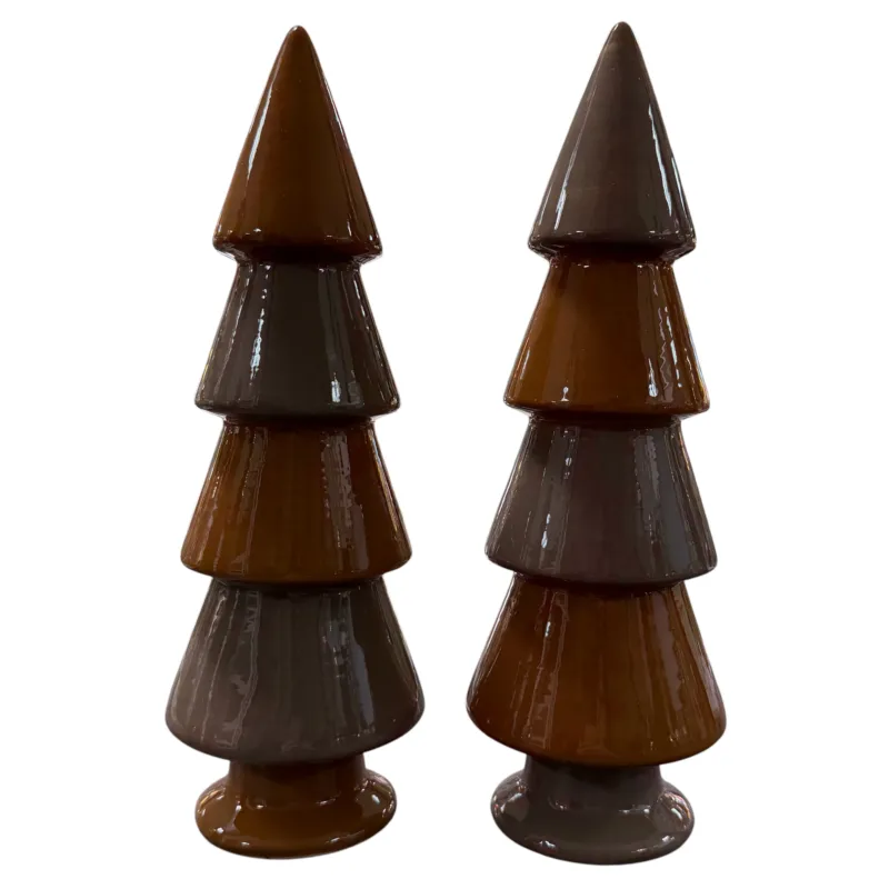 Keramik Deko-Tannenbaum Set in Braun (Hell- & Dunkelbraun), 2 Größen, glänzende Weihnachtsdekoration