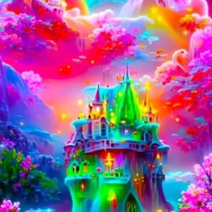 Großes Diamond Painting Set Fantasiewelt mit buntem Schloss, leuchtendem Regenbogen, Blumen und schimmernden AB-Steinen.