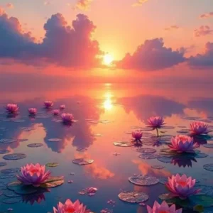 Diamond Painting Set Abenddämmerung mit rosa Seerosen auf einem See unter einem malerischen Sonnenuntergang