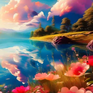 Diamond Painting Set mit idyllischem See, rosa Blumen und spiegelnden Wolken bei Sonnenuntergang für kreative Hobbys.