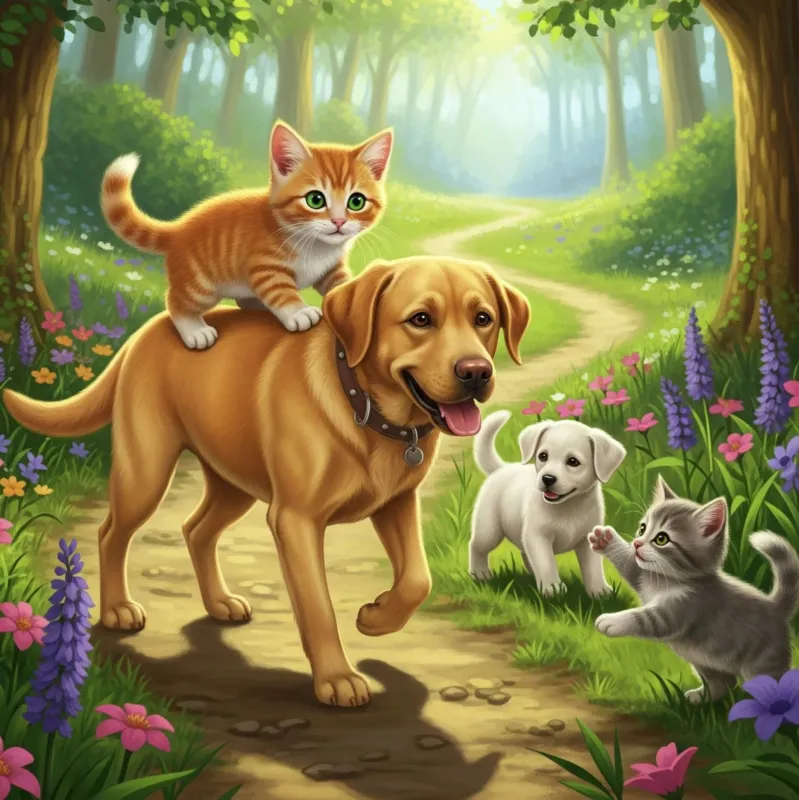 Diamond Painting Set Waldspaziergang mit süßem Hund, Welpen und Kätzchen zwischen bunten Blumen im Wald