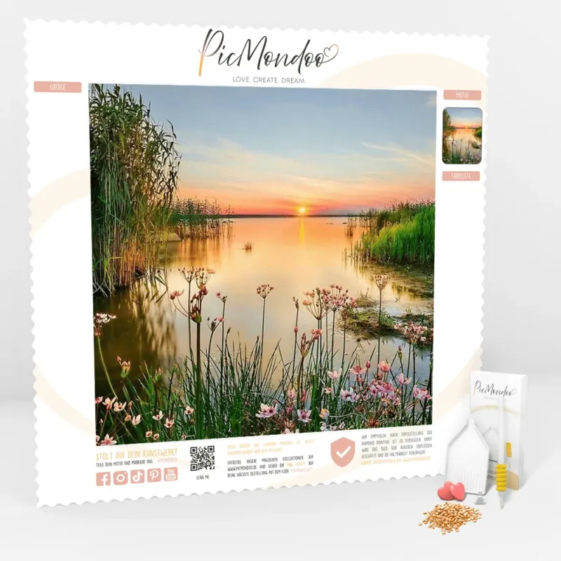 Diamond Painting Set A quiet place mit Sonnenuntergang am See, Blumen und 5D Diamanten auf einer 50x50cm Leinwand.