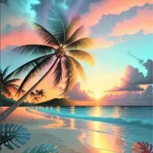 Diamond Painting Set mit Palme am Strand, umrahmt von einem bunten Abendhimmel, Wolken und glitzernden Wellen.