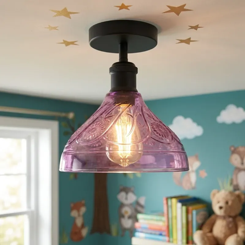 Vintage Deckenleuchte E27 Bunte Reliefglas - Retro Halbbündig Deckenlampe ~3659