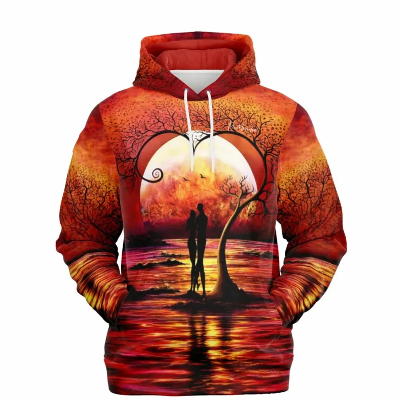 Dreamer Hoodie Baum der Liebe mit romantischem Pärchen-Motiv in leuchtenden Sonnenuntergang-Farben für Kreativ-Fans