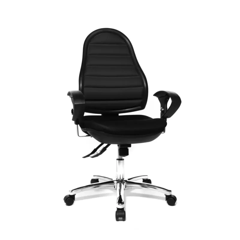 Schwarzer Profi-Bürostuhl Flex Point SY Deluxe mit Polsterbezug, Armlehnen und verchromtem Fußkreuz von Topstar
