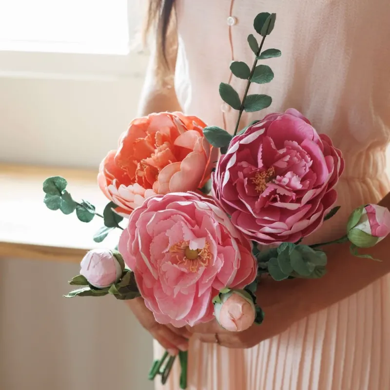 Bouquet en papier trio de pivoines, trois pivoines roses pour mariage - Flowrette