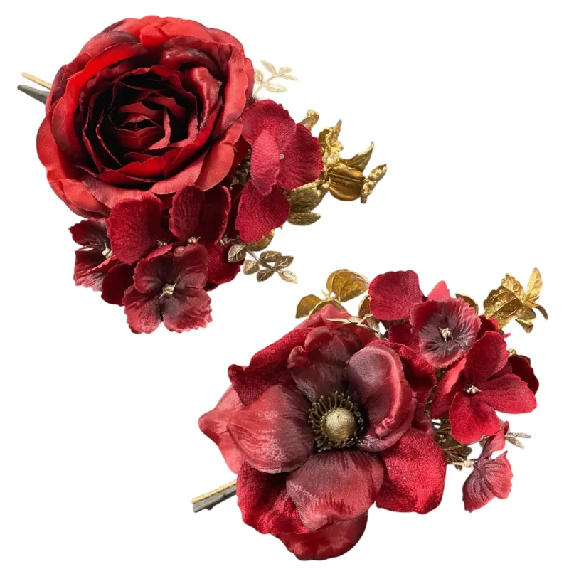 Formano Kunstblumenstrauß klein mit roter Rose und Mohnblume, goldene Blätter, edle Weihnachtsdekoration.