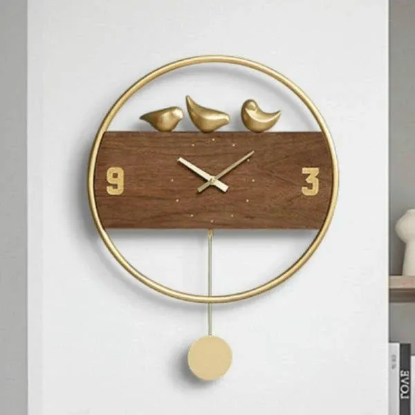 Design Wanduhr Holz mit Vögeln Gold