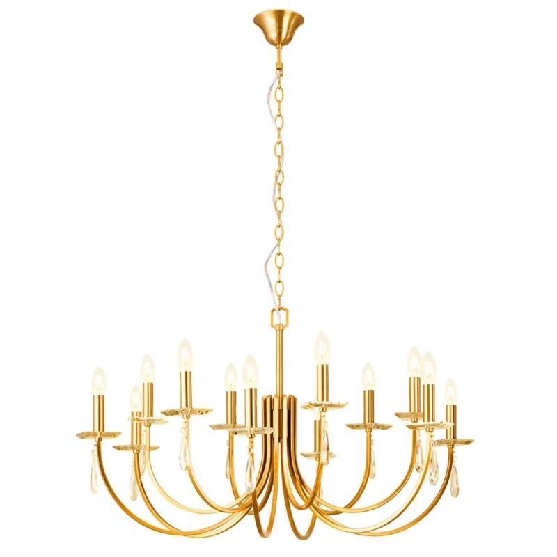 Kronleuchter Elisir 12-flammig Messingfarben mit Glas und Kristallpendeln, Ø 92 cm, stilvoll und festlich