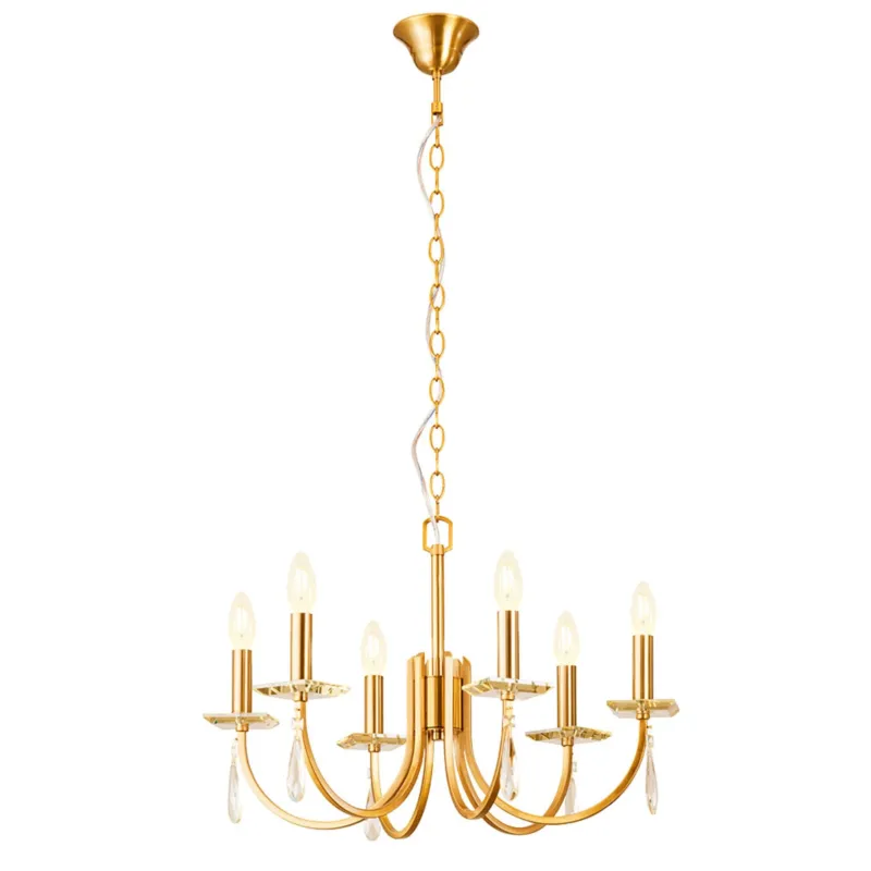 Kronleuchter Elisir 6-flammig Messingfarben mit Glas und Kristallpendeln, Ø 58 cm, elegante Deckenleuchte