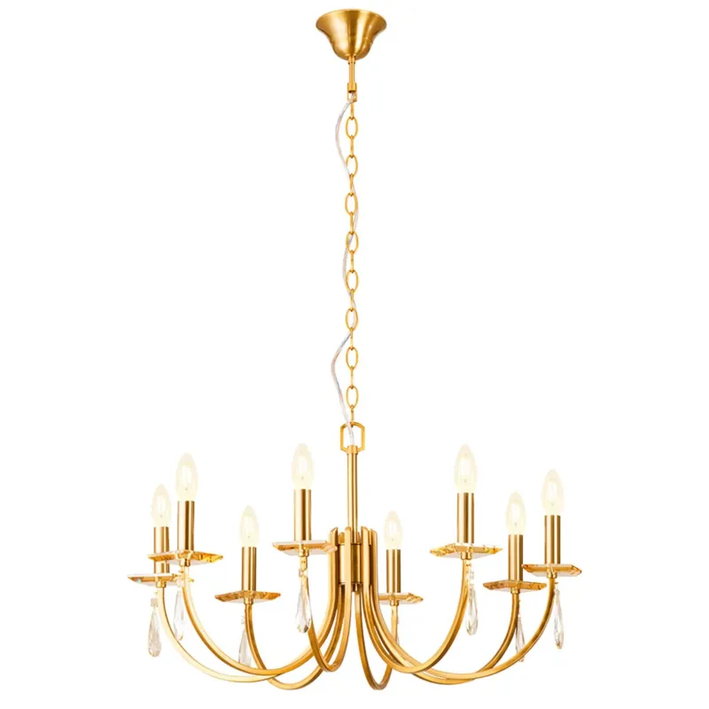Kronleuchter Elisir 8-flammig Messingfarben mit Glas und Kristallpendeln, Ø 72 cm, elegante Deckenleuchte