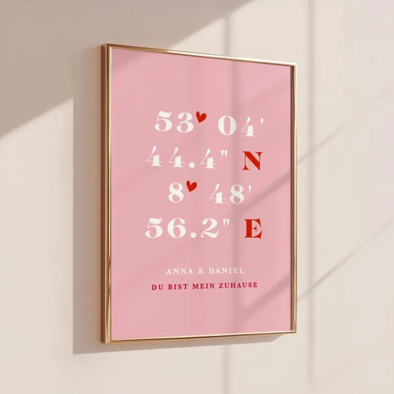 Koordinaten Bild Rosa – Geschenk zum Valentinstag oder Jahrestag