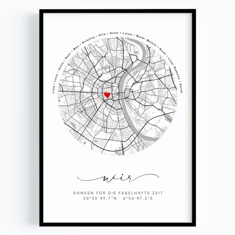 Personalisierte Wir Stadtkarte als Abschiedsgeschenk mit Herzmarkierung