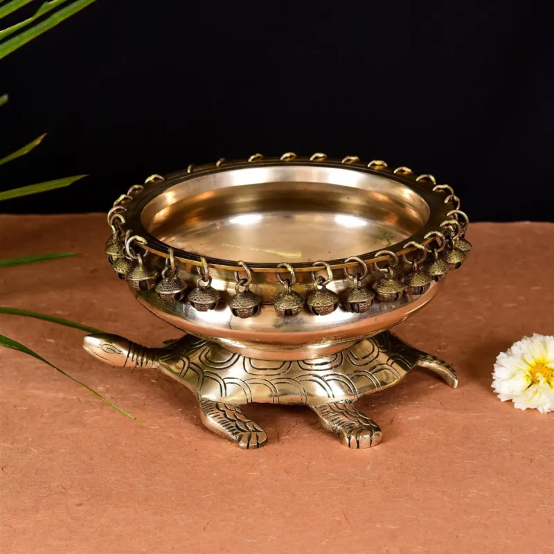 Brass Tortoise Urli with anklet bells (4.8 inch)
