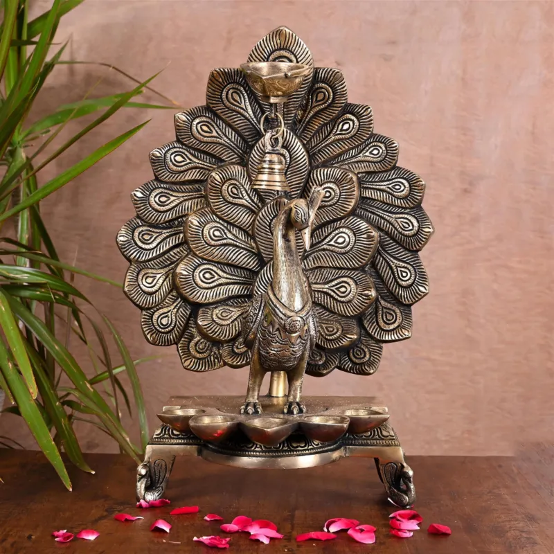 Brass Majestic Peacock diya/lamp with bell (14.5 inch)