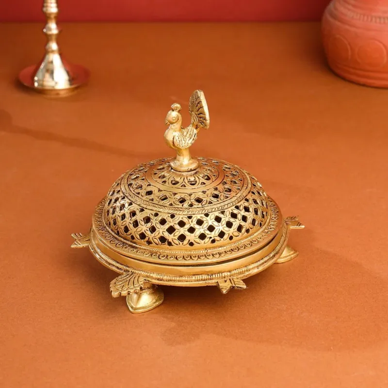 Brass Tortoise Peacock dhoop dani & insence holder (5 inch)
