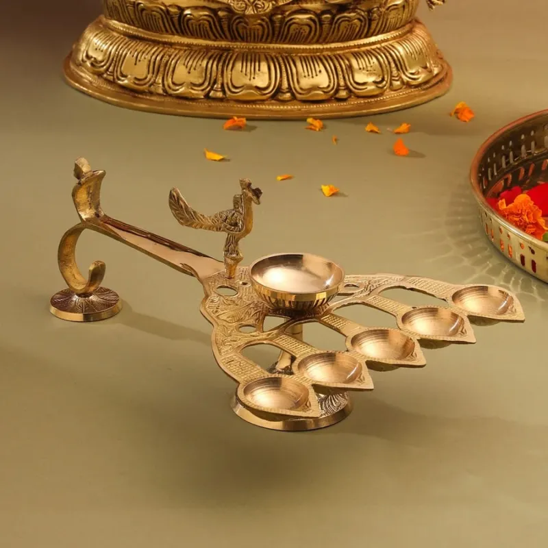 Brass Peacock Panch aarti with handle (4.8 inch)