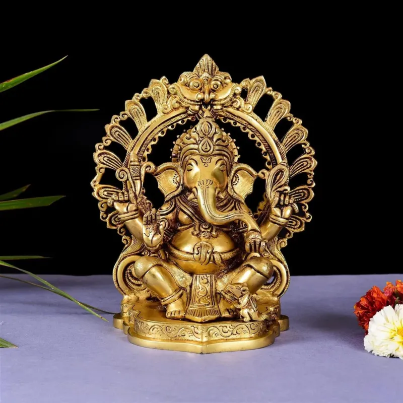 Brass Ganesha On Prabhavali Singhasan Statue (9 INCH)