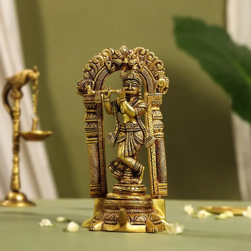 Brass Lord Krishna Idol On Tortoise (8 INCH)